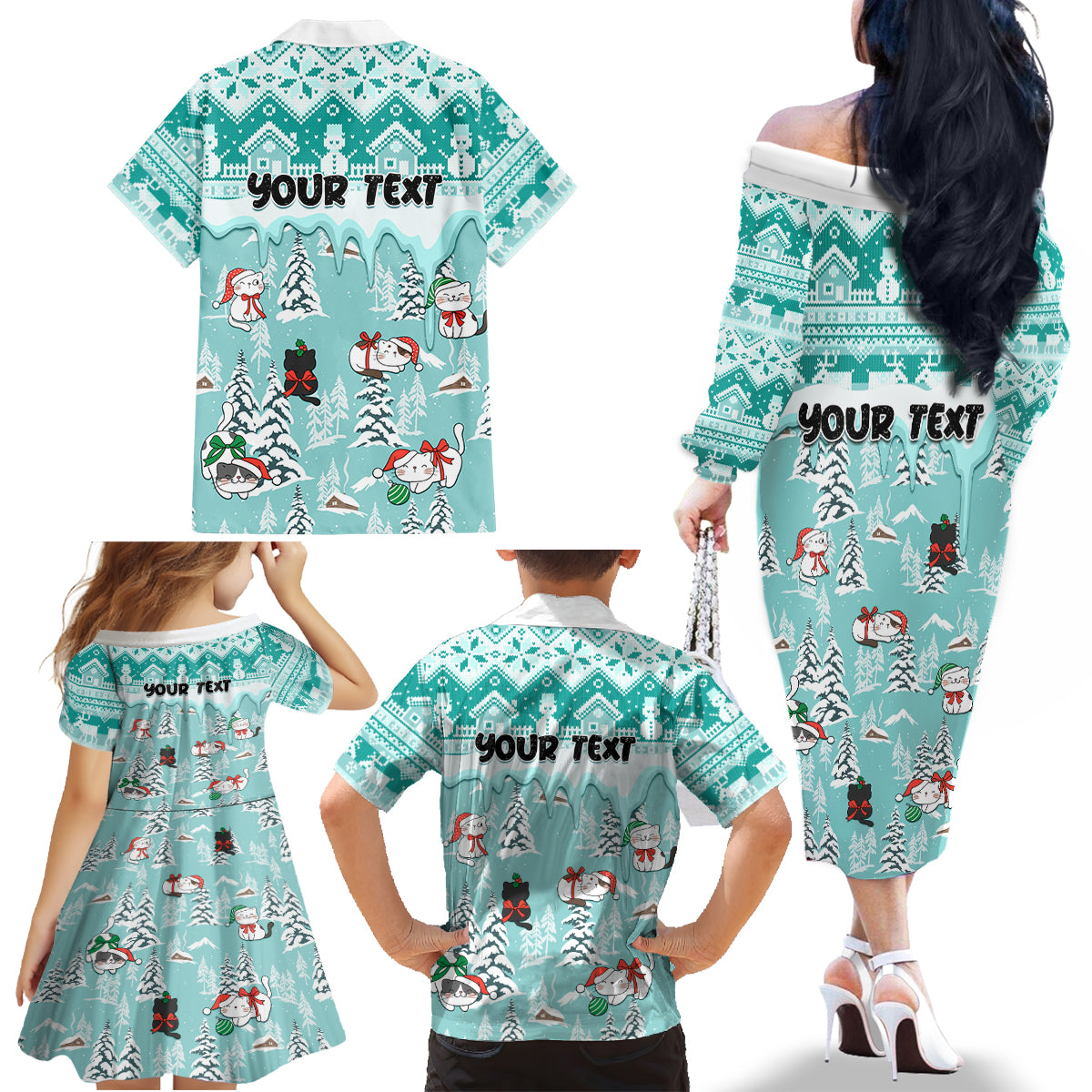 Custom Cat Christmas Family Matching Off Shoulder Long Sleeve Dress and Hawaiian Shirt Cat With Snowman In Winter Scene - Wonder Print Shop