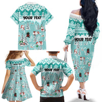 Custom Cat Christmas Family Matching Off Shoulder Long Sleeve Dress and Hawaiian Shirt Cat With Snowman In Winter Scene - Wonder Print Shop
