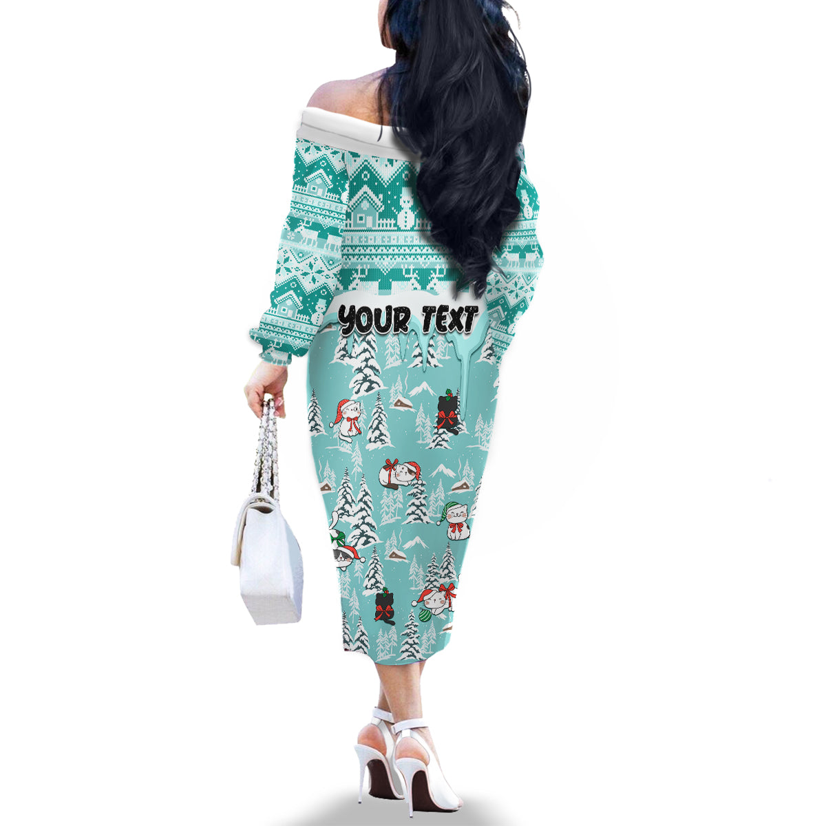 Custom Cat Christmas Family Matching Off Shoulder Long Sleeve Dress and Hawaiian Shirt Cat With Snowman In Winter Scene - Wonder Print Shop
