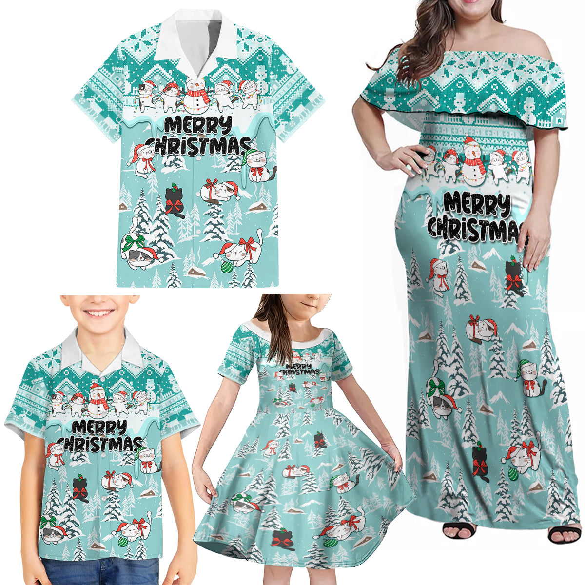 Custom Cat Christmas Family Matching Off Shoulder Maxi Dress and Hawaiian Shirt Cat With Snowman In Winter Scene - Wonder Print Shop