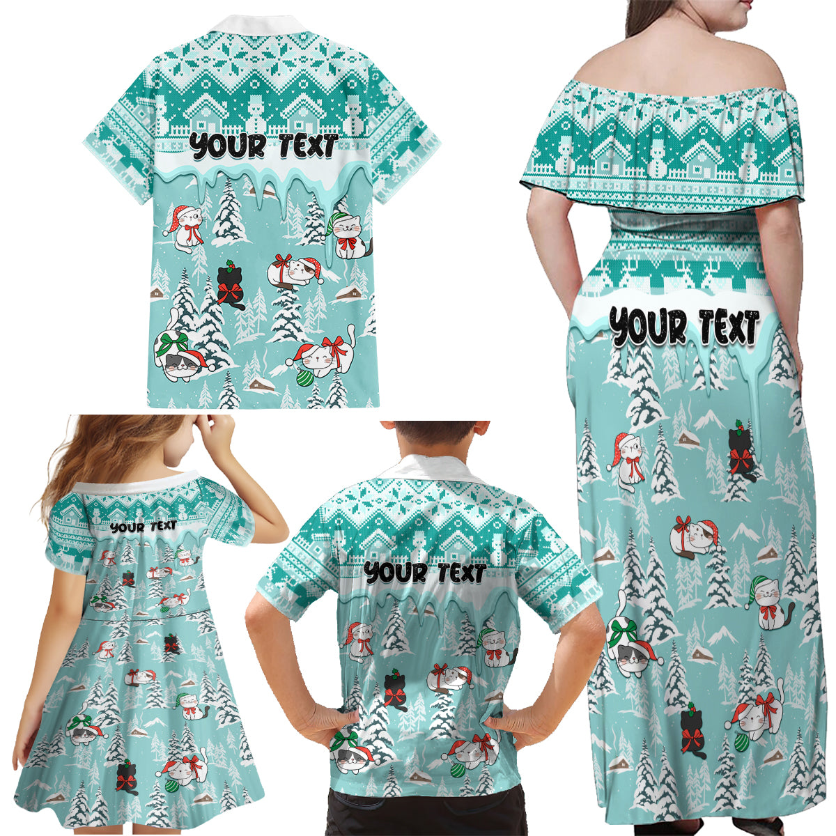 Custom Cat Christmas Family Matching Off Shoulder Maxi Dress and Hawaiian Shirt Cat With Snowman In Winter Scene - Wonder Print Shop