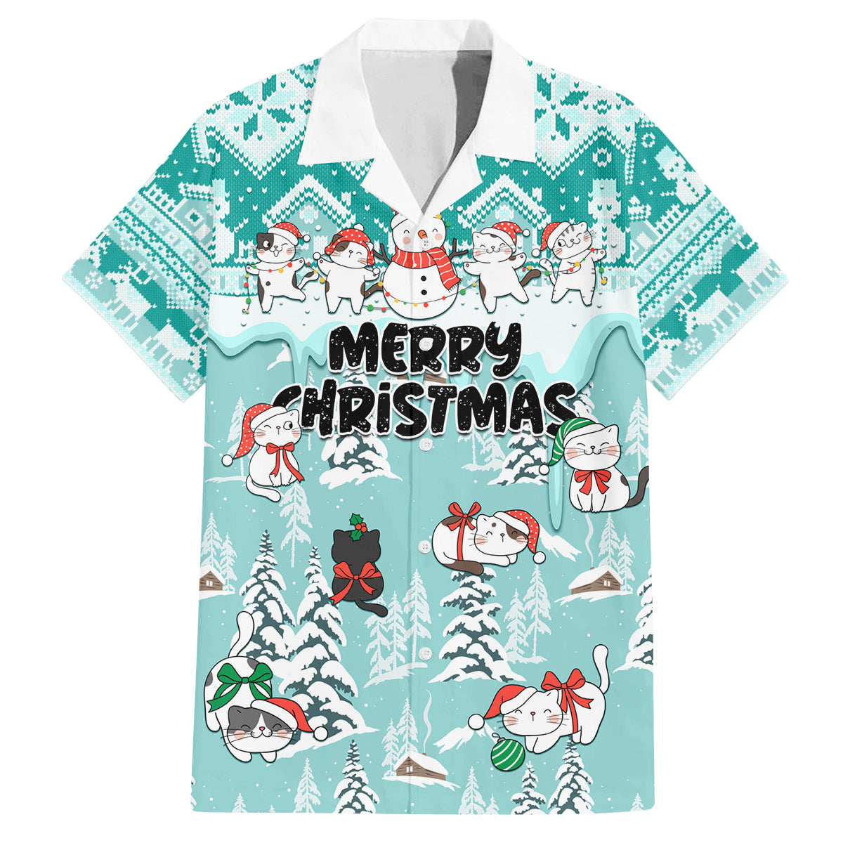 Custom Cat Christmas Family Matching Off Shoulder Maxi Dress and Hawaiian Shirt Cat With Snowman In Winter Scene - Wonder Print Shop