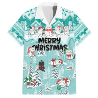 Custom Cat Christmas Family Matching Off Shoulder Maxi Dress and Hawaiian Shirt Cat With Snowman In Winter Scene - Wonder Print Shop