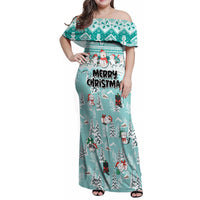 Custom Cat Christmas Family Matching Off Shoulder Maxi Dress and Hawaiian Shirt Cat With Snowman In Winter Scene - Wonder Print Shop