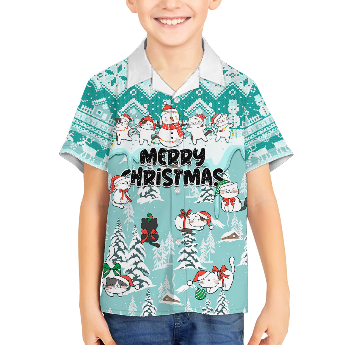 Custom Cat Christmas Family Matching Off Shoulder Maxi Dress and Hawaiian Shirt Cat With Snowman In Winter Scene - Wonder Print Shop