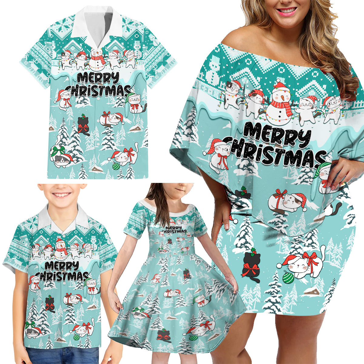 Custom Cat Christmas Family Matching Off Shoulder Short Dress and Hawaiian Shirt Cat With Snowman In Winter Scene - Wonder Print Shop