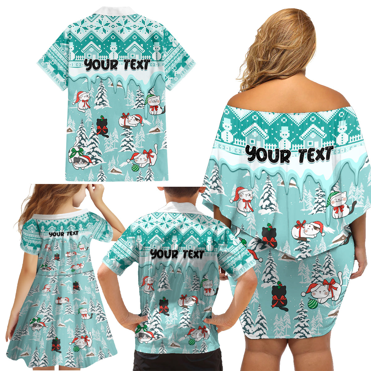 Custom Cat Christmas Family Matching Off Shoulder Short Dress and Hawaiian Shirt Cat With Snowman In Winter Scene - Wonder Print Shop