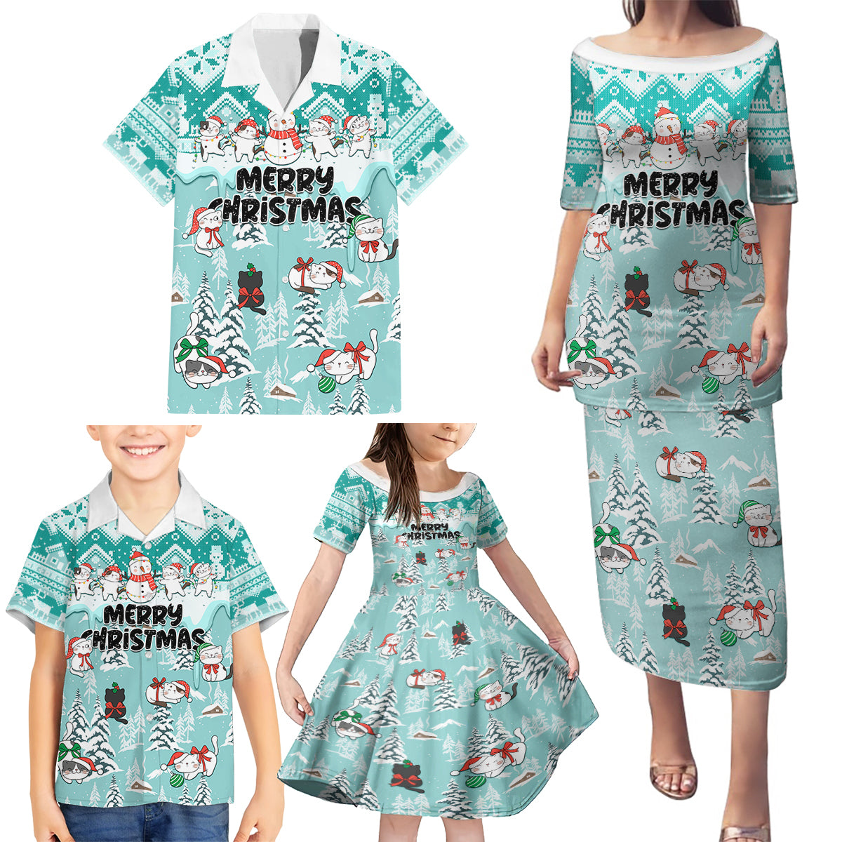 Custom Cat Christmas Family Matching Puletasi Dress and Hawaiian Shirt Cat With Snowman In Winter Scene - Wonder Print Shop