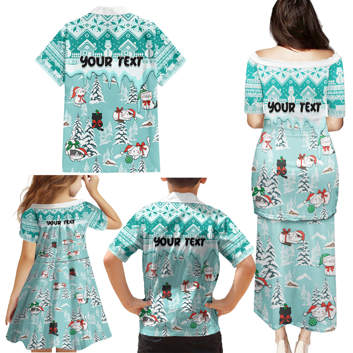Custom Cat Christmas Family Matching Puletasi Dress and Hawaiian Shirt Cat With Snowman In Winter Scene - Wonder Print Shop