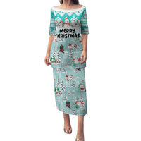 Custom Cat Christmas Family Matching Puletasi Dress and Hawaiian Shirt Cat With Snowman In Winter Scene - Wonder Print Shop