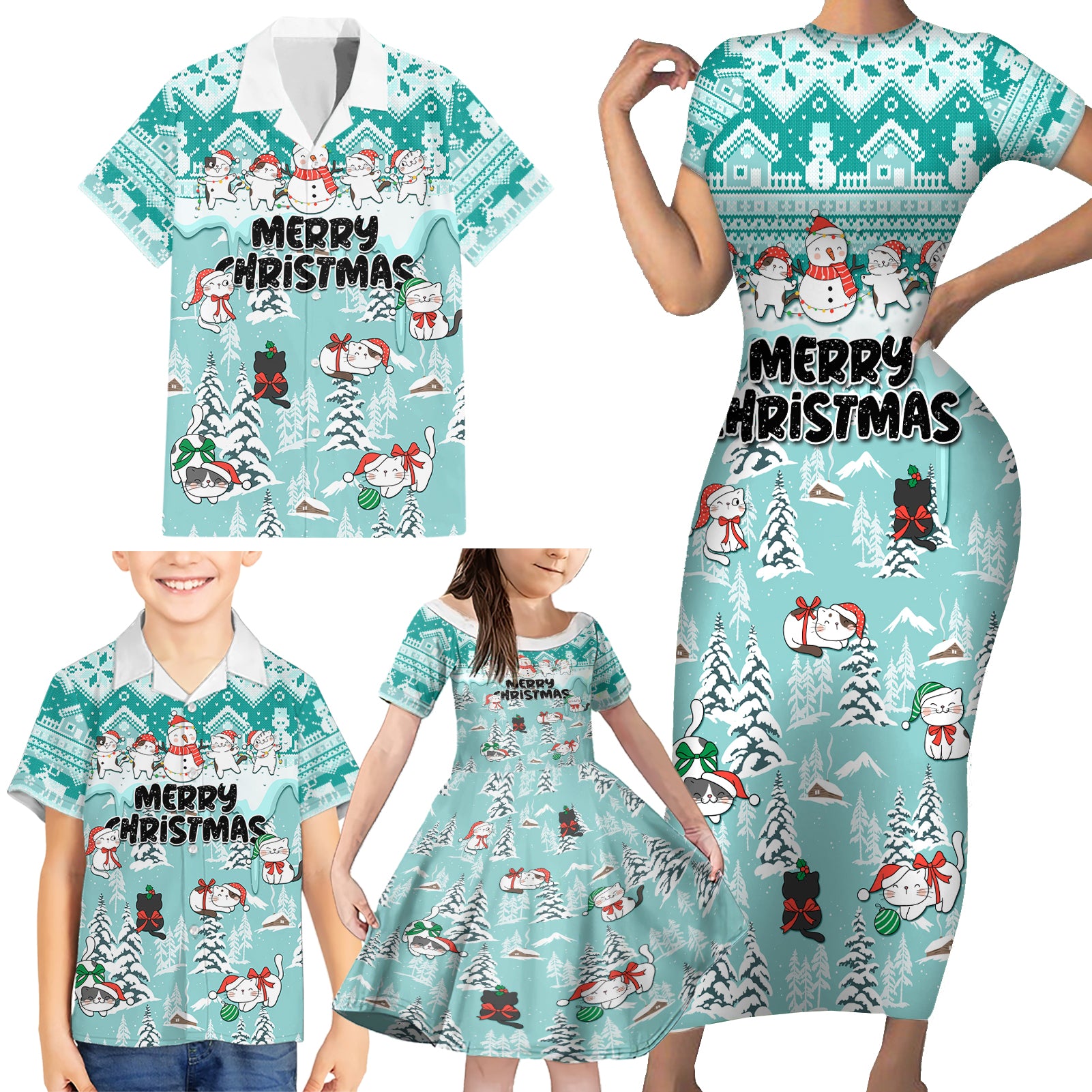 Custom Cat Christmas Family Matching Short Sleeve Bodycon Dress and Hawaiian Shirt Cat With Snowman In Winter Scene - Wonder Print Shop