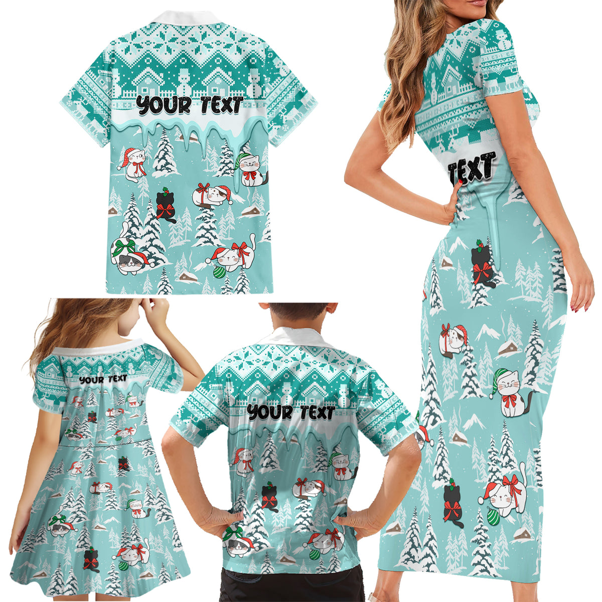 Custom Cat Christmas Family Matching Short Sleeve Bodycon Dress and Hawaiian Shirt Cat With Snowman In Winter Scene - Wonder Print Shop