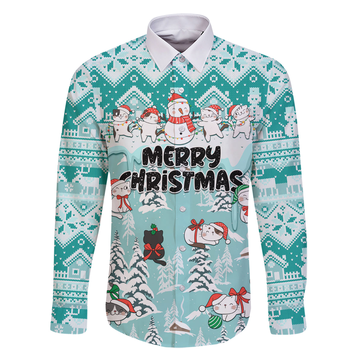 Custom Cat Christmas Family Matching Short Sleeve Bodycon Dress and Hawaiian Shirt Cat With Snowman In Winter Scene - Wonder Print Shop