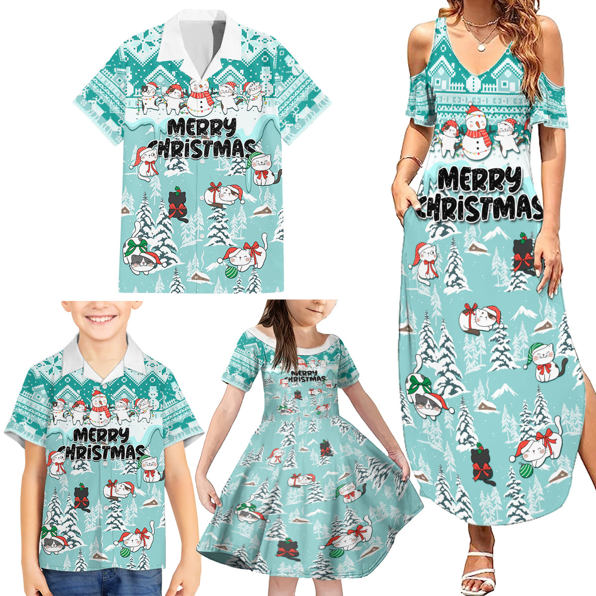 Custom Cat Christmas Family Matching Summer Maxi Dress and Hawaiian Shirt Cat With Snowman In Winter Scene - Wonder Print Shop