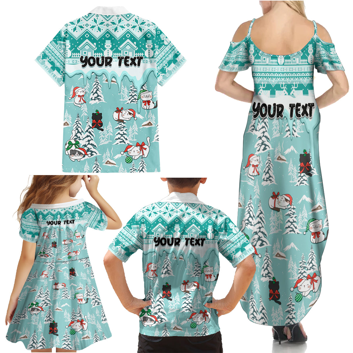 Custom Cat Christmas Family Matching Summer Maxi Dress and Hawaiian Shirt Cat With Snowman In Winter Scene - Wonder Print Shop