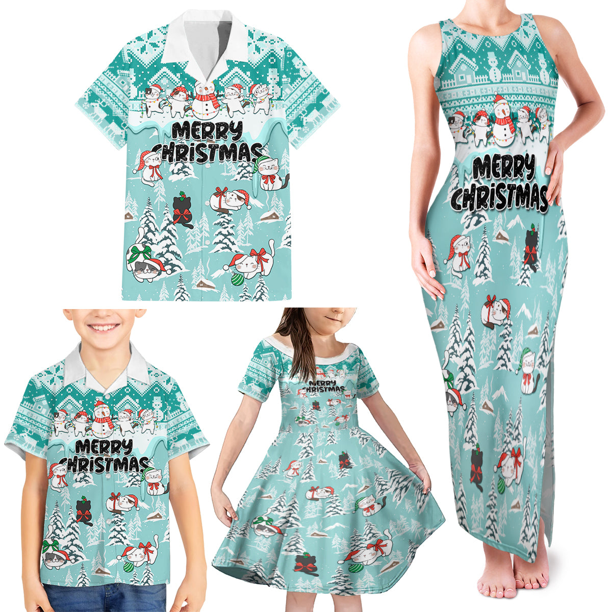 Custom Cat Christmas Family Matching Tank Maxi Dress and Hawaiian Shirt Cat With Snowman In Winter Scene - Wonder Print Shop