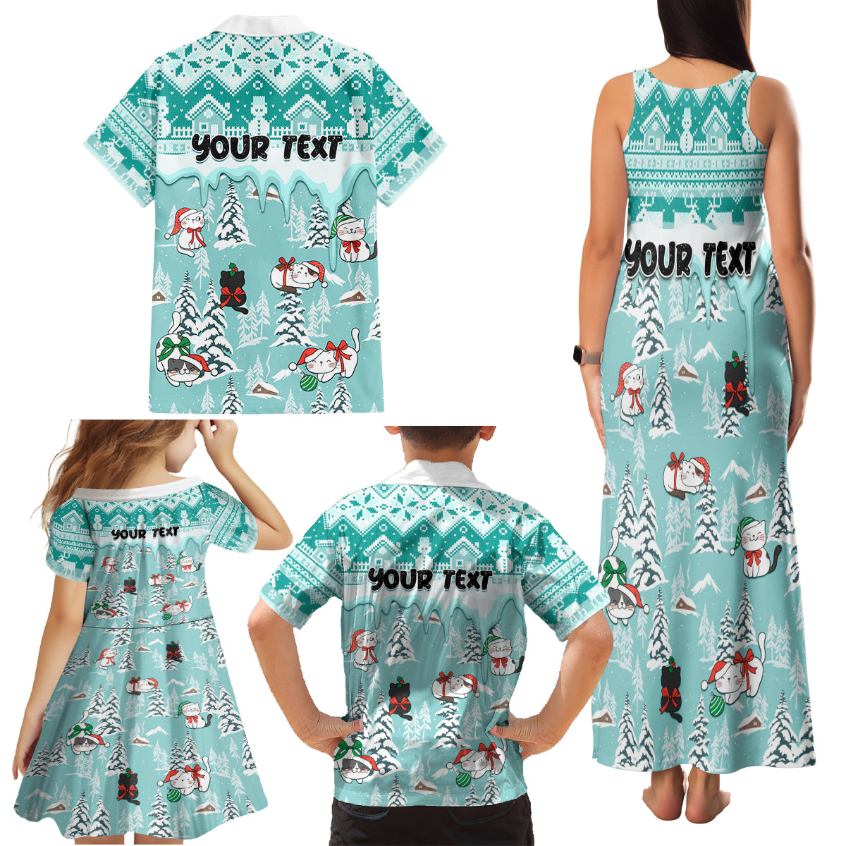 Custom Cat Christmas Family Matching Tank Maxi Dress and Hawaiian Shirt Cat With Snowman In Winter Scene - Wonder Print Shop