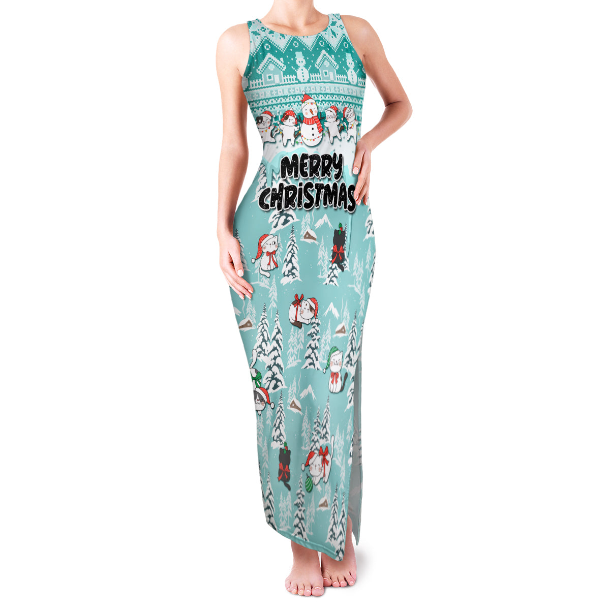 Custom Cat Christmas Family Matching Tank Maxi Dress and Hawaiian Shirt Cat With Snowman In Winter Scene - Wonder Print Shop