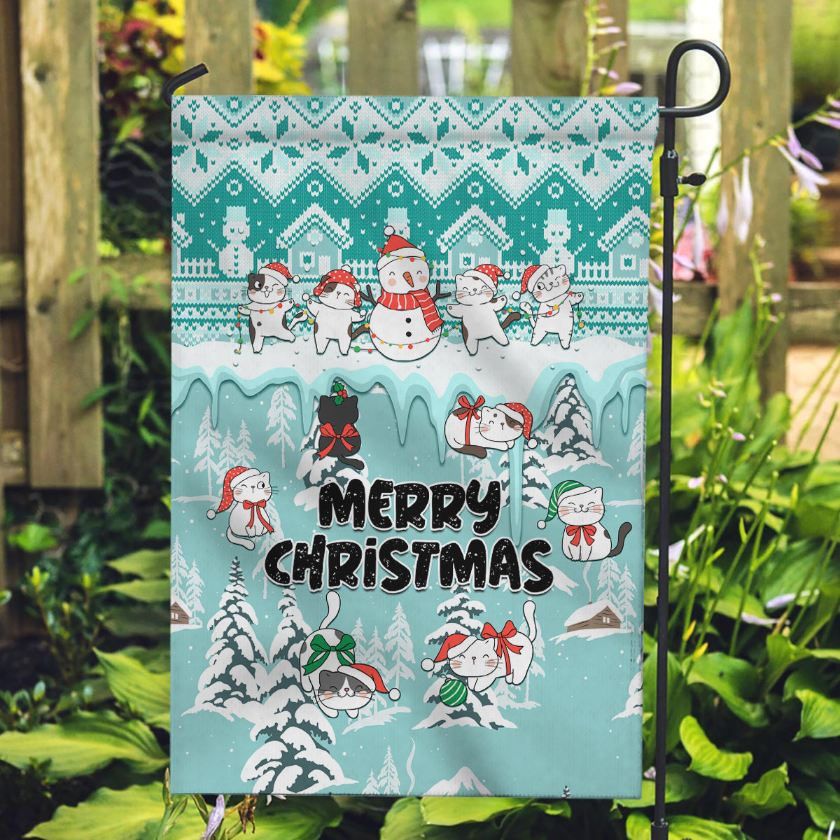 Custom Cat Christmas Garden Flag Cat With Snowman In Winter Scene - Wonder Print Shop