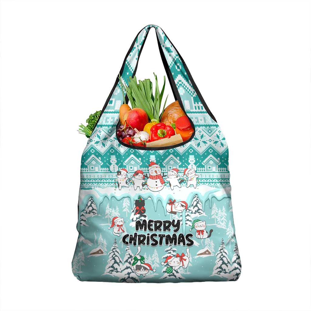 Custom Cat Christmas Grocery Bag Cat With Snowman In Winter Scene