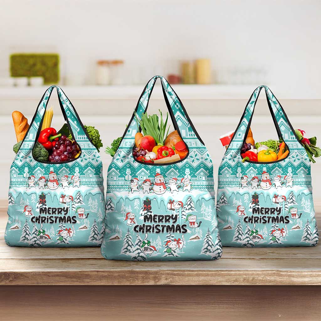 Custom Cat Christmas Grocery Bag Cat With Snowman In Winter Scene