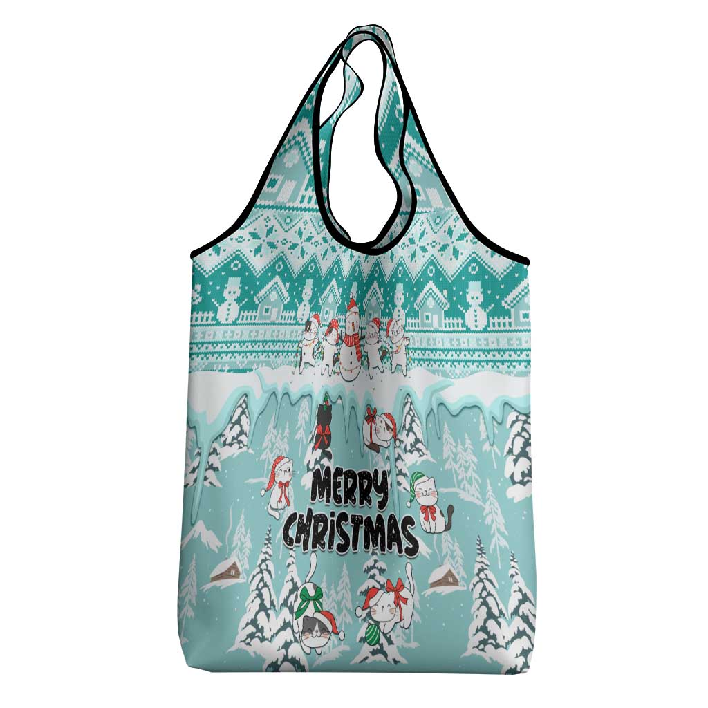 Custom Cat Christmas Grocery Bag Cat With Snowman In Winter Scene
