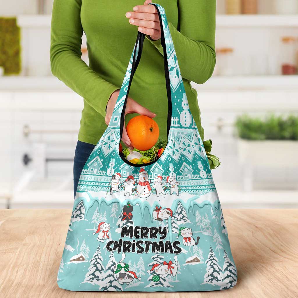 Custom Cat Christmas Grocery Bag Cat With Snowman In Winter Scene