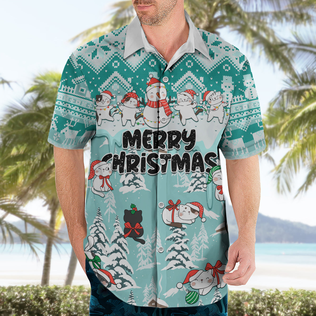 Custom Cat Christmas Hawaiian Shirt Cat With Snowman In Winter Scene - Wonder Print Shop