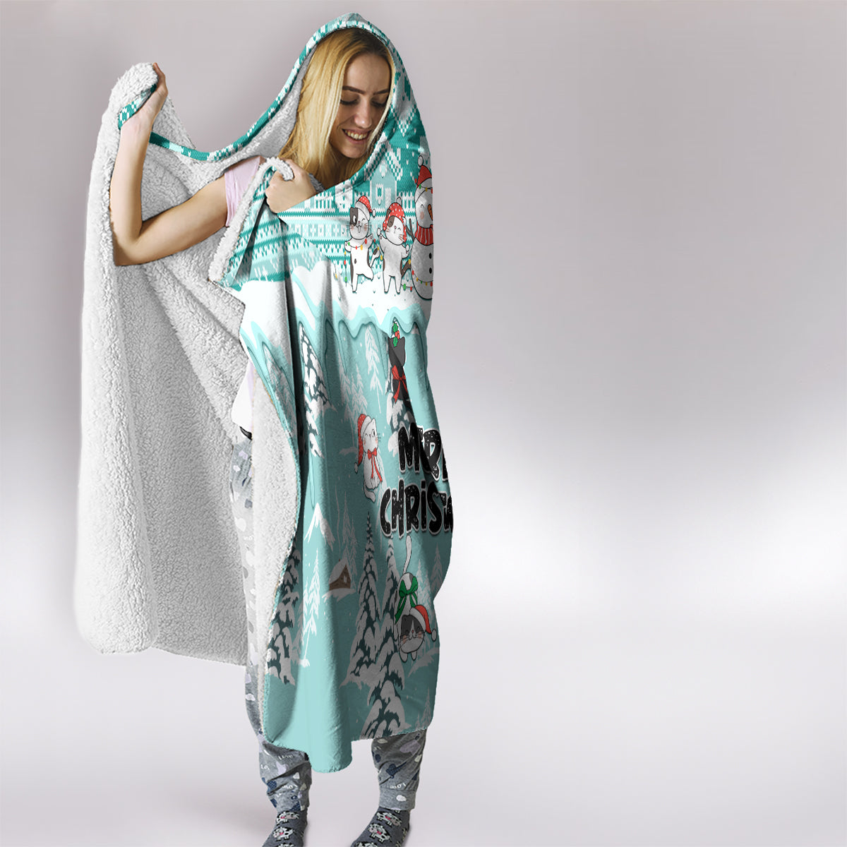 custom-cat-christmas-hooded-blanket-cat-with-snowman-in-winter-scene