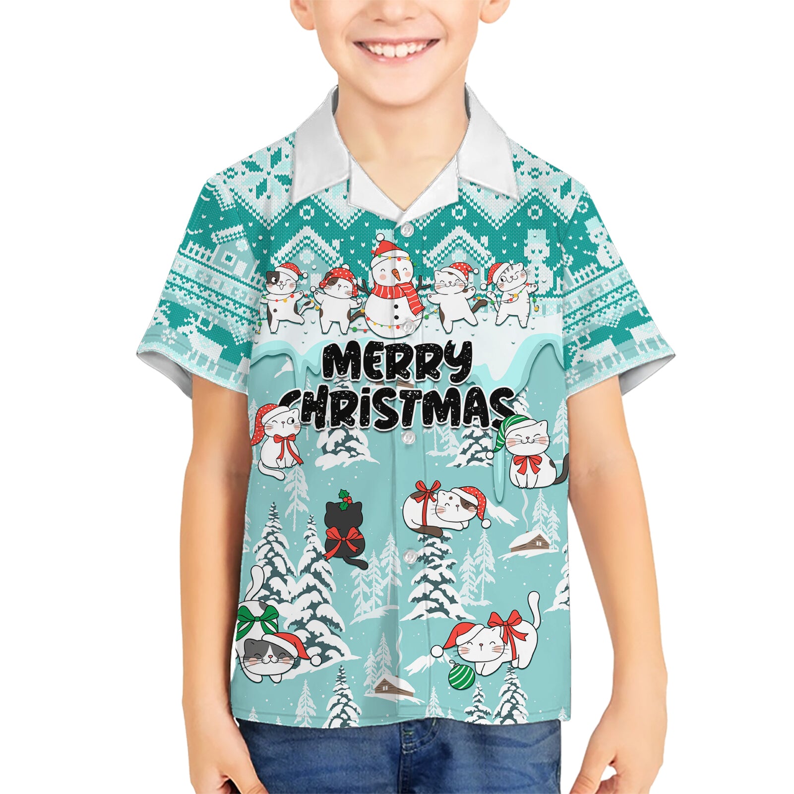 Custom Cat Christmas Kid Hawaiian Shirt Cat With Snowman In Winter Scene - Wonder Print Shop