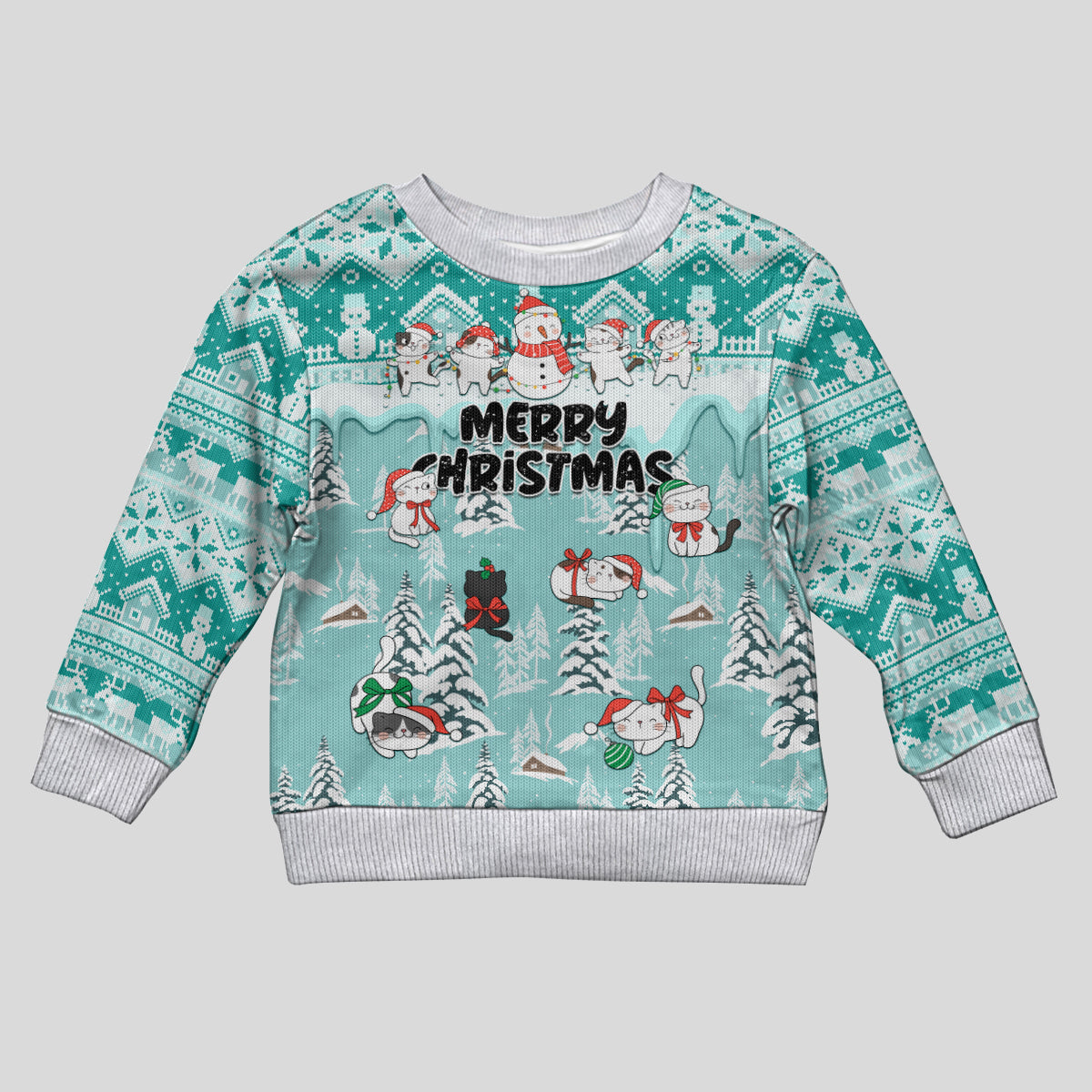 Custom Cat Christmas Kid Ugly Christmas Sweater Cat With Snowman In Winter Scene - Wonder Print Shop