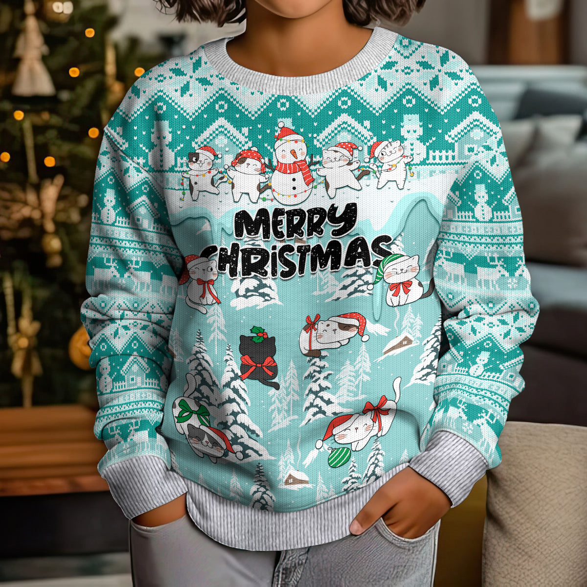 Custom Cat Christmas Kid Ugly Christmas Sweater Cat With Snowman In Winter Scene - Wonder Print Shop