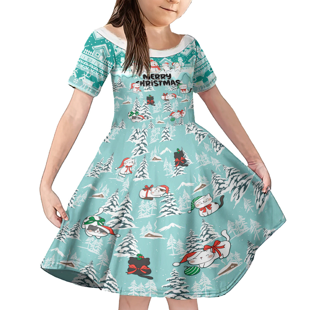 Custom Cat Christmas Kid Short Sleeve Dress Cat With Snowman In Winter Scene - Wonder Print Shop