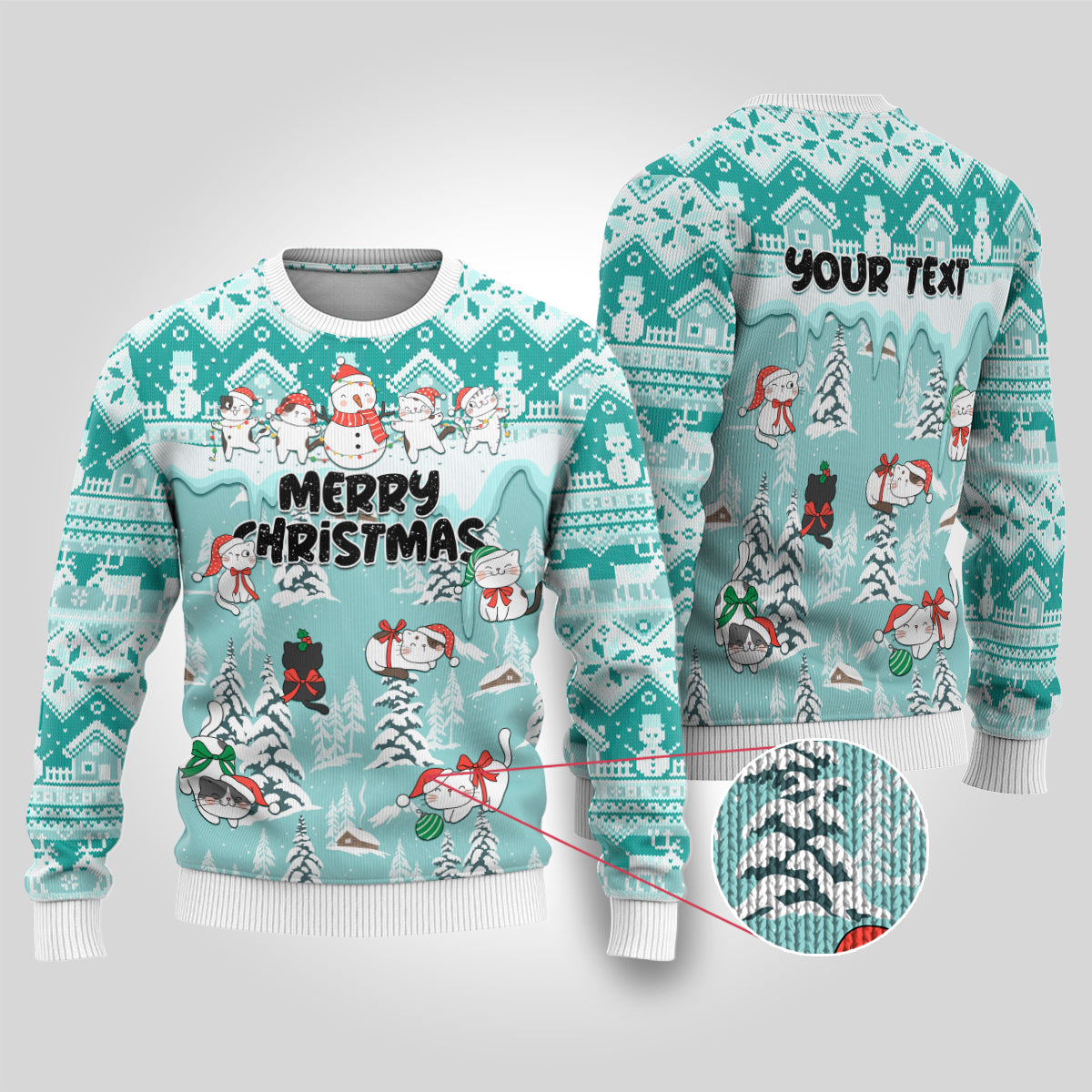 Custom Cat Christmas Ugly Christmas Sweater Cat With Snowman In Winter Scene - Wonder Print Shop