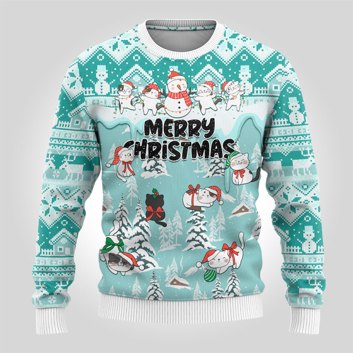 Custom Cat Christmas Ugly Christmas Sweater Cat With Snowman In Winter Scene - Wonder Print Shop