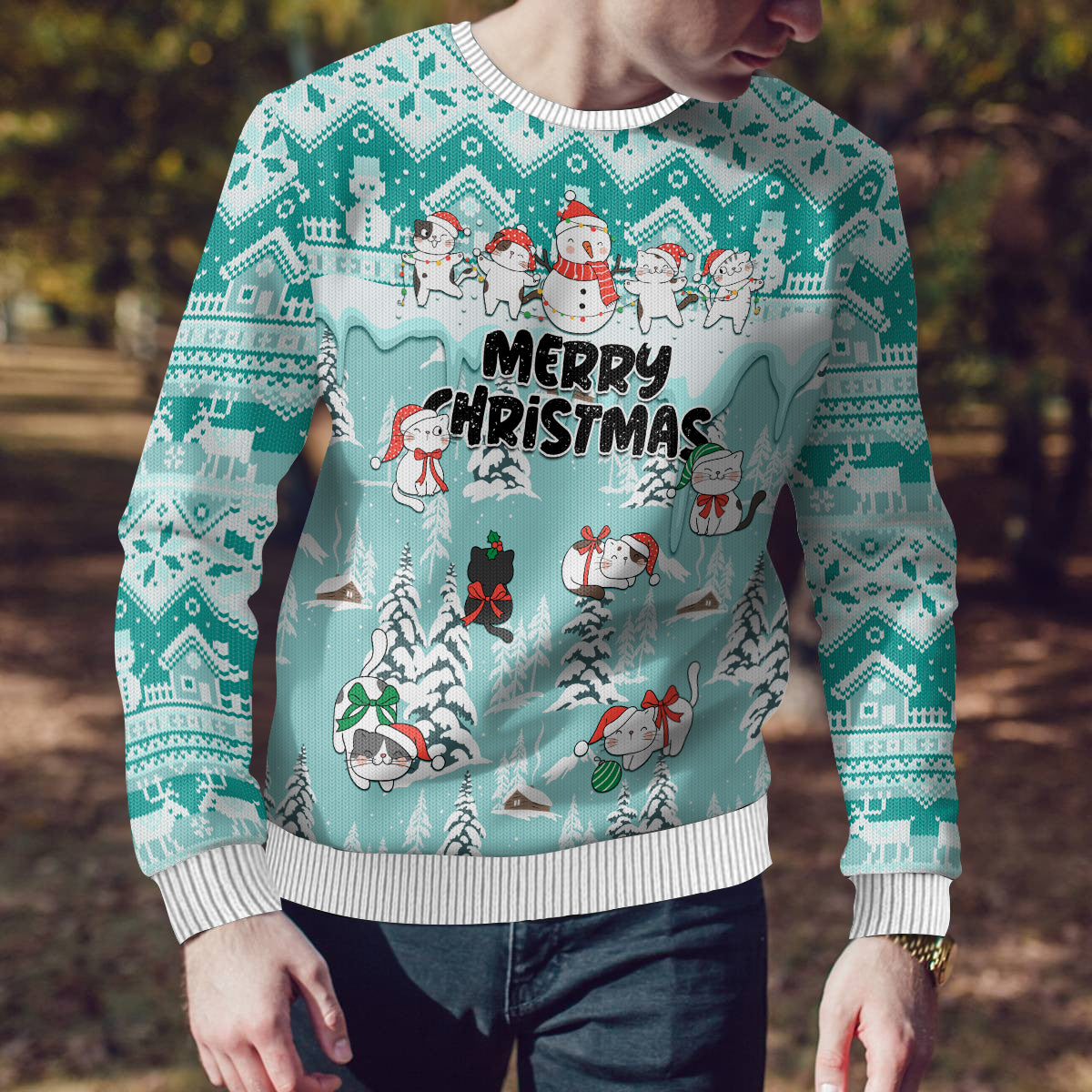 Custom Cat Christmas Ugly Christmas Sweater Cat With Snowman In Winter Scene - Wonder Print Shop