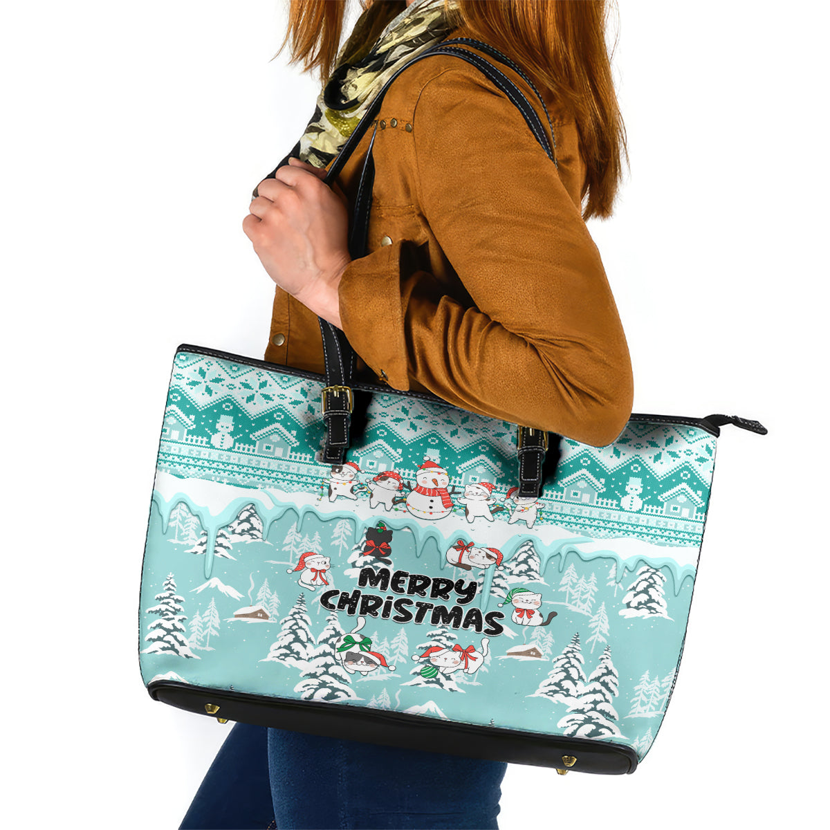 Custom Cat Christmas Leather Tote Bag Cat With Snowman In Winter Scene - Wonder Print Shop