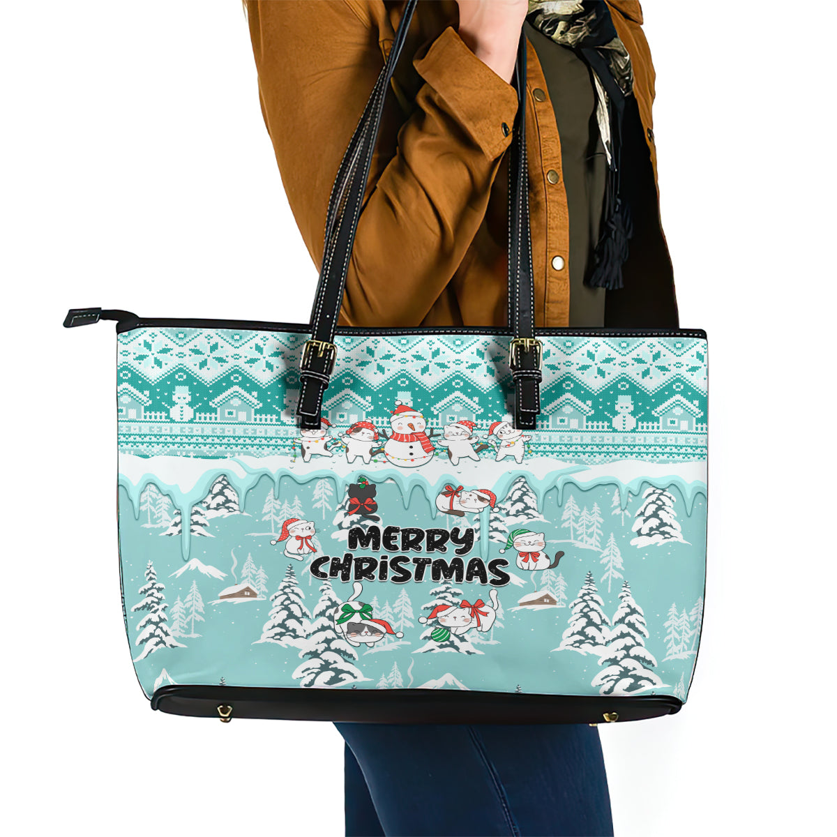 Custom Cat Christmas Leather Tote Bag Cat With Snowman In Winter Scene - Wonder Print Shop