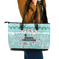 Custom Cat Christmas Leather Tote Bag Cat With Snowman In Winter Scene - Wonder Print Shop