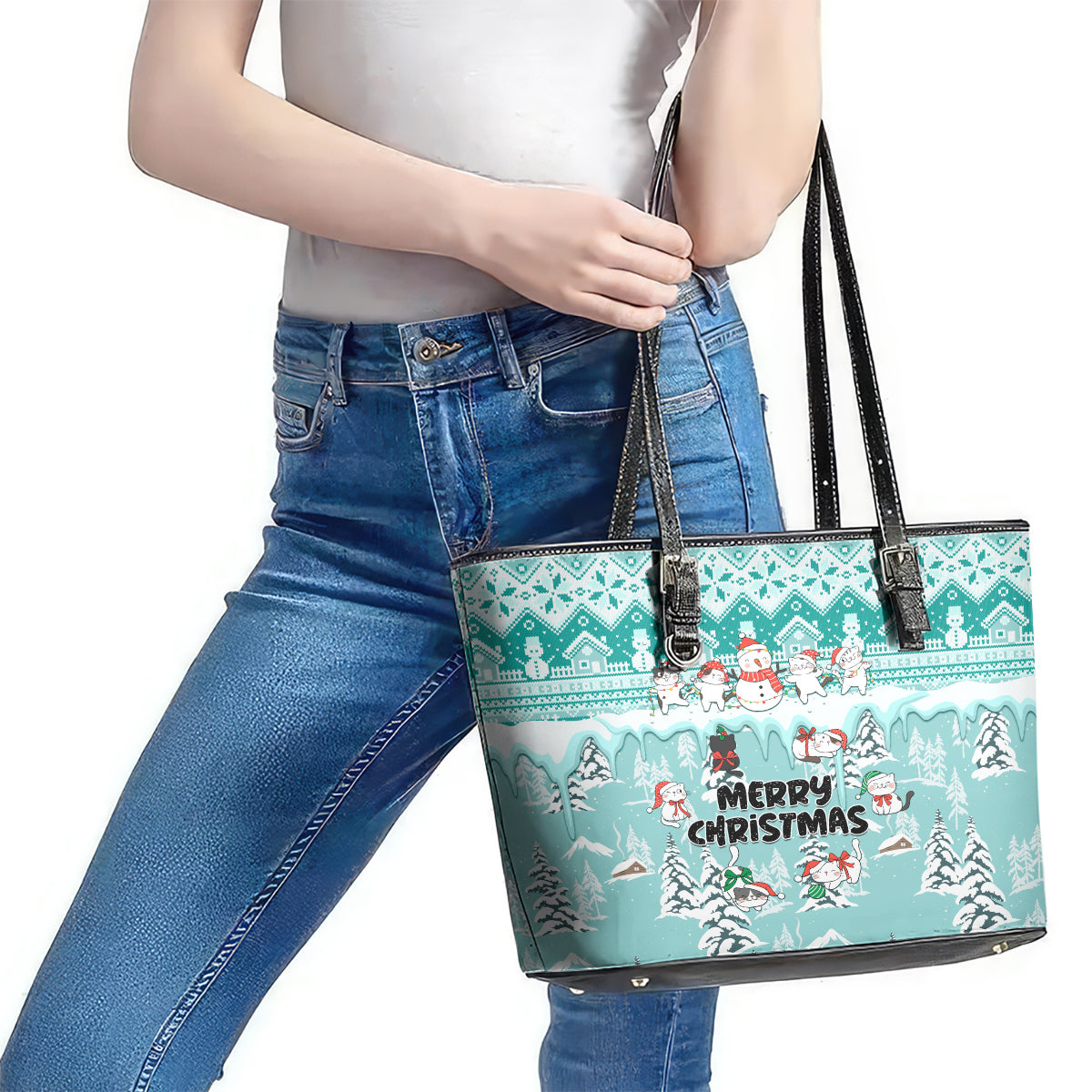 Custom Cat Christmas Leather Tote Bag Cat With Snowman In Winter Scene - Wonder Print Shop