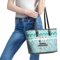 Custom Cat Christmas Leather Tote Bag Cat With Snowman In Winter Scene - Wonder Print Shop