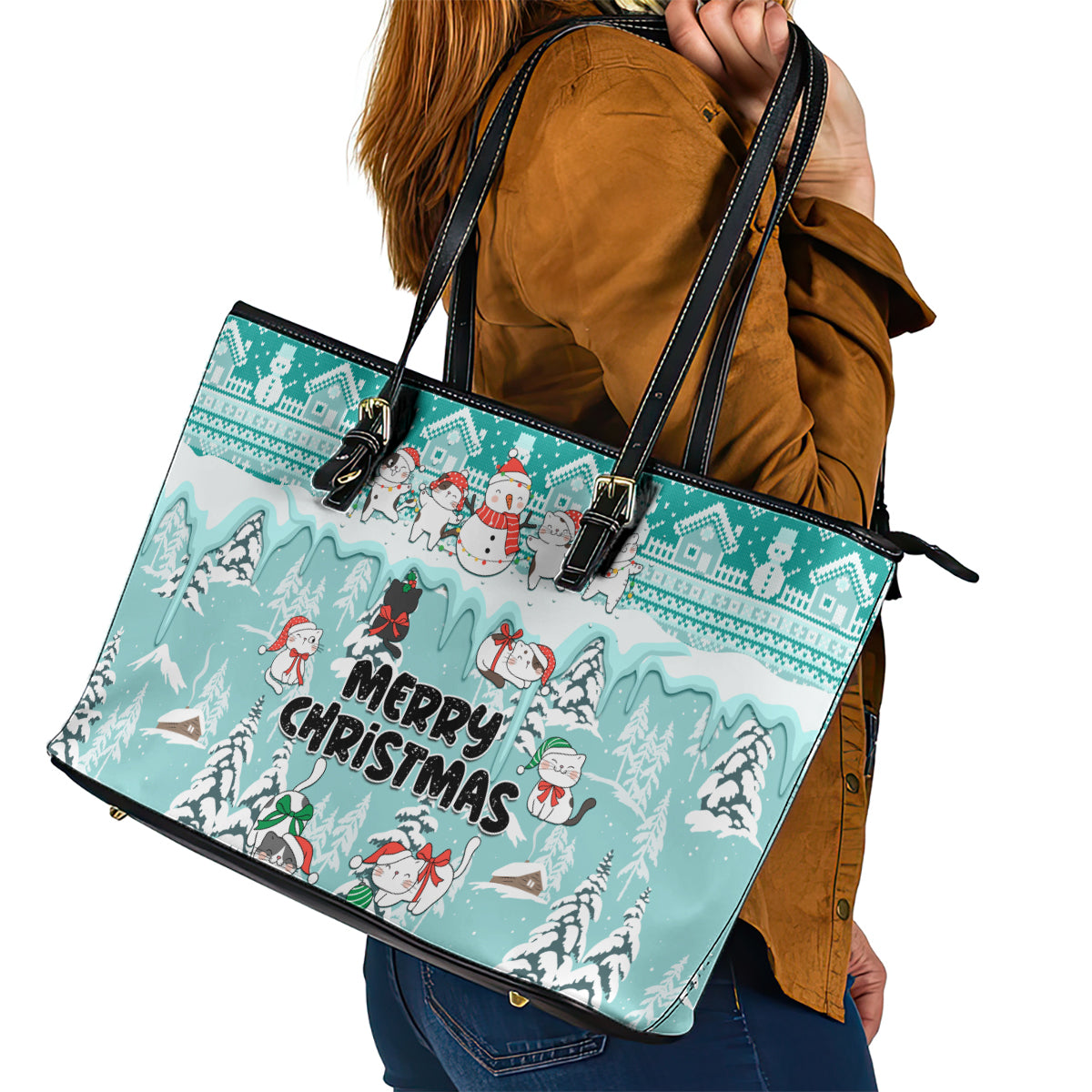 Custom Cat Christmas Leather Tote Bag Cat With Snowman In Winter Scene - Wonder Print Shop