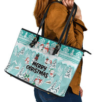 Custom Cat Christmas Leather Tote Bag Cat With Snowman In Winter Scene - Wonder Print Shop