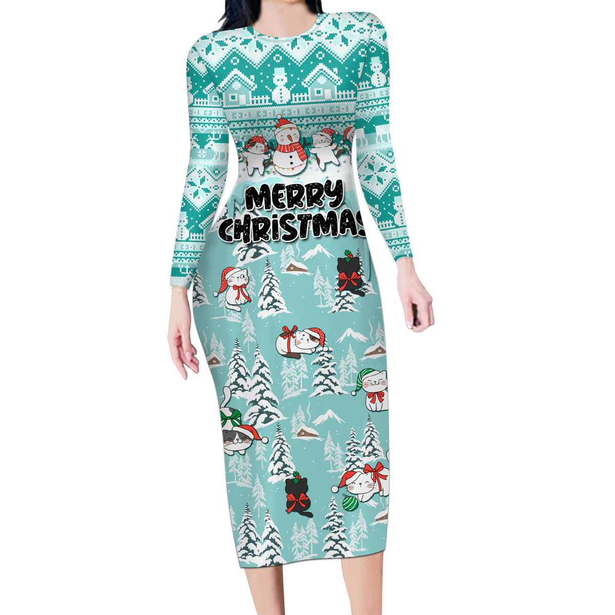 Custom Cat Christmas Long Sleeve Bodycon Dress Cat With Snowman In Winter Scene - Wonder Print Shop