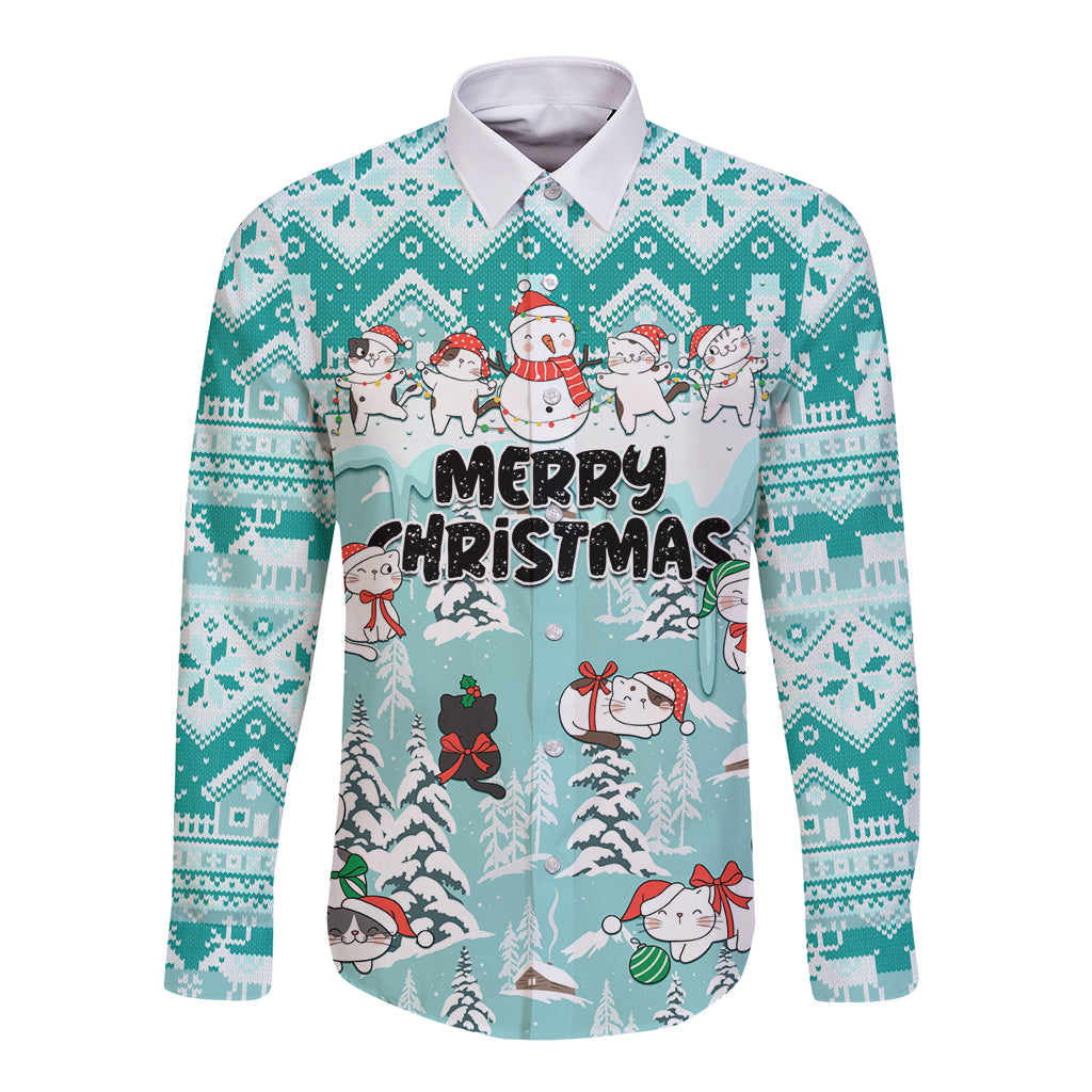 Custom Cat Christmas Long Sleeve Button Shirt Cat With Snowman In Winter Scene - Wonder Print Shop