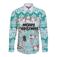 Custom Cat Christmas Long Sleeve Button Shirt Cat With Snowman In Winter Scene - Wonder Print Shop