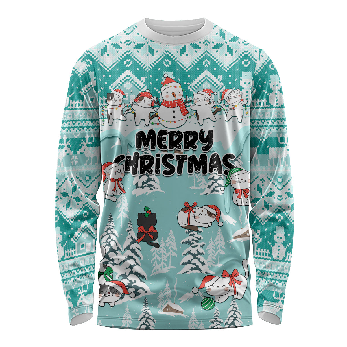 Custom Cat Christmas Long Sleeve Shirt Cat With Snowman In Winter Scene - Wonder Print Shop