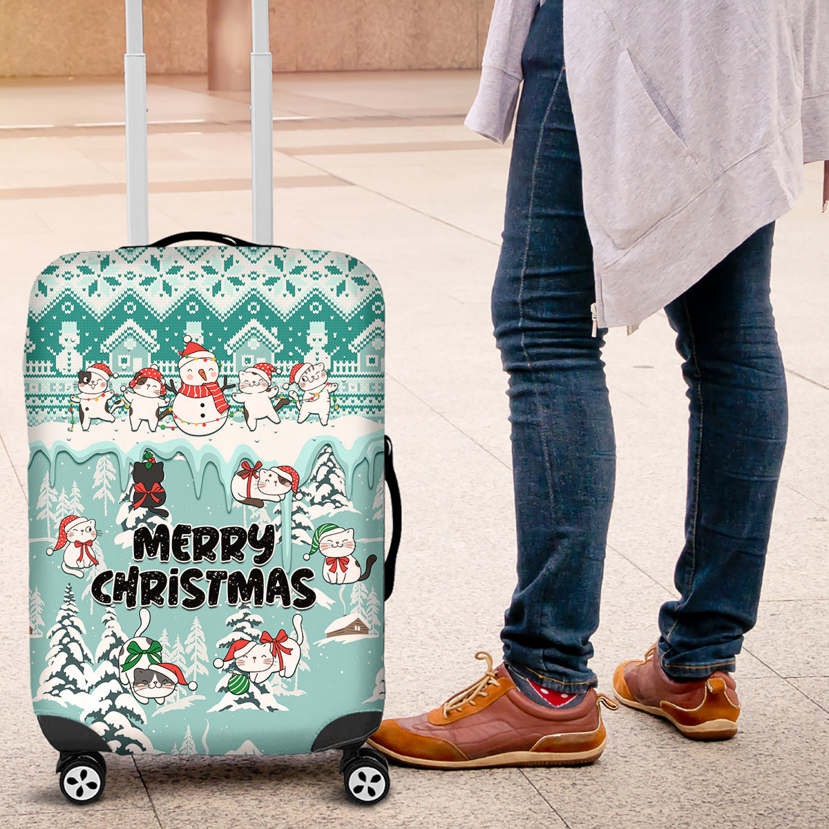 Custom Cat Christmas Luggage Cover Cat With Snowman In Winter Scene - Wonder Print Shop