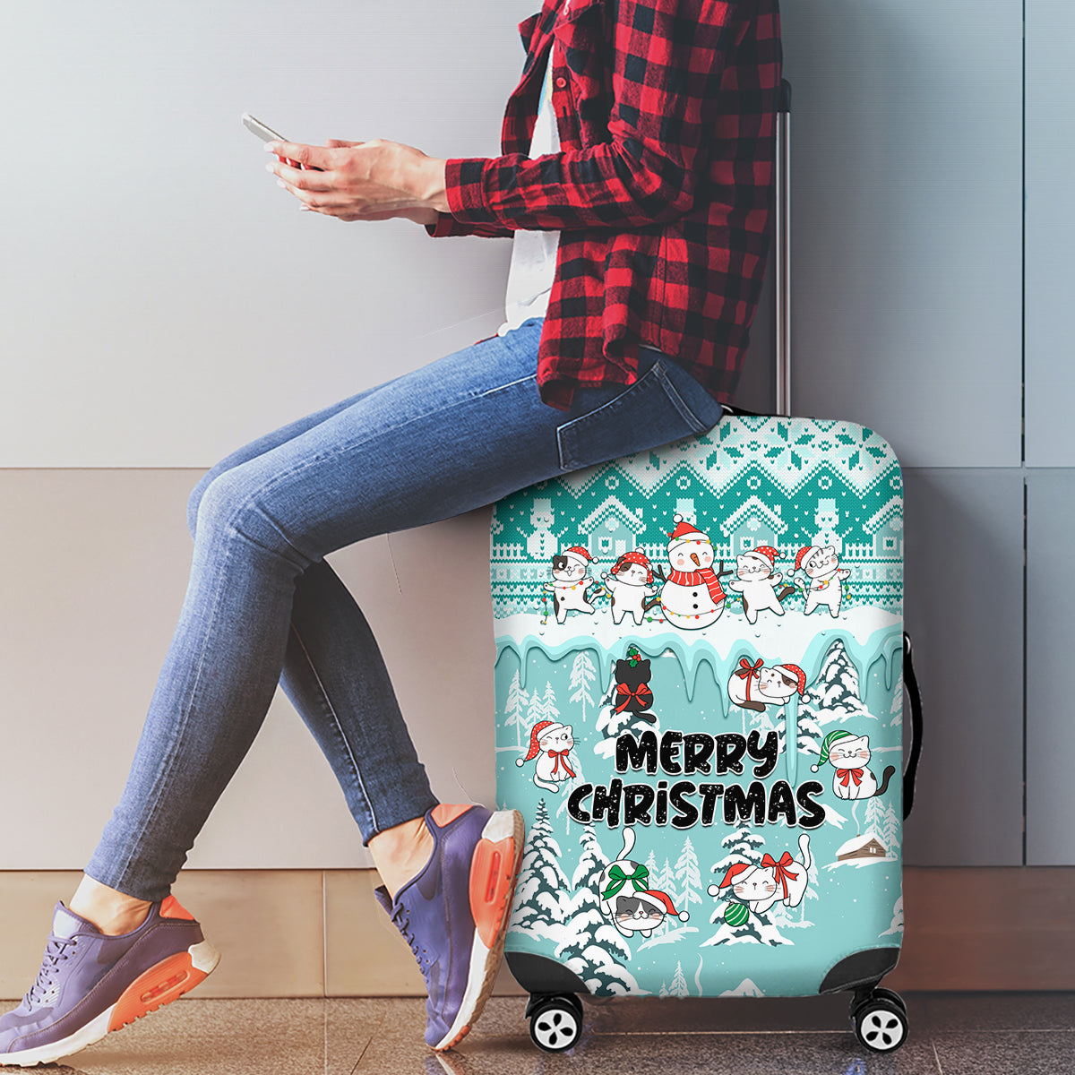 Custom Cat Christmas Luggage Cover Cat With Snowman In Winter Scene - Wonder Print Shop