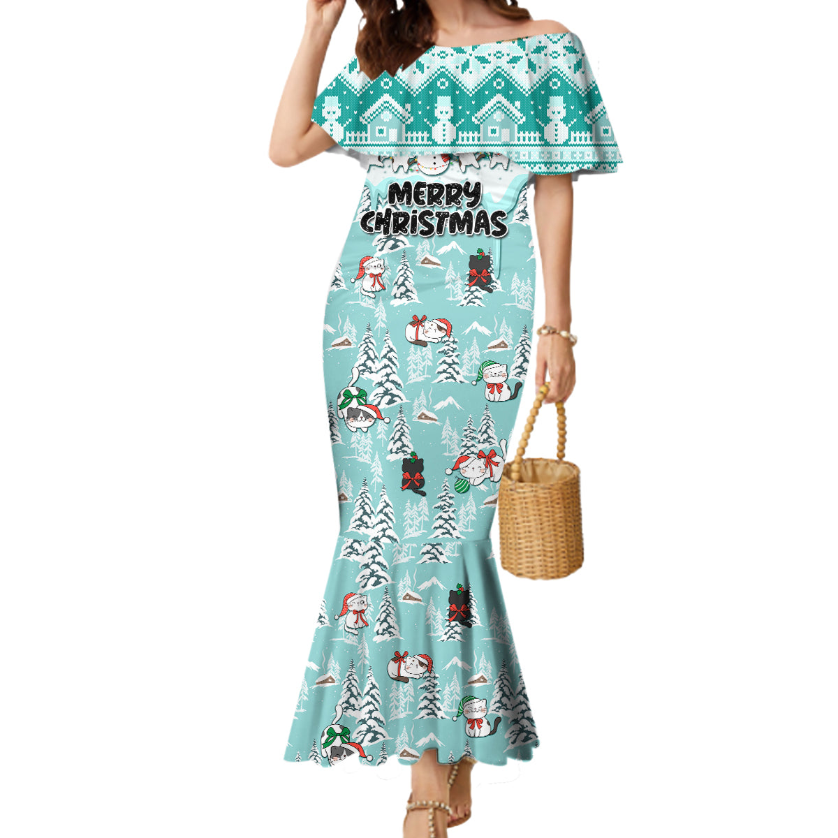 Custom Cat Christmas Mermaid Dress Cat With Snowman In Winter Scene - Wonder Print Shop